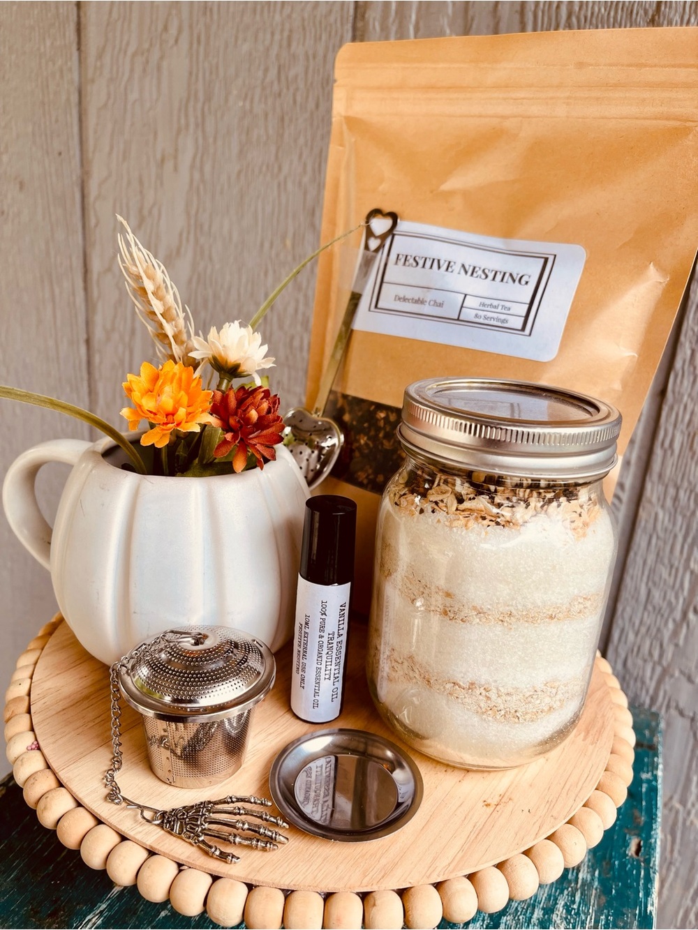 Cozy Fall Tea & Bath Bundle/Chai Tea +Oatmeal Vanilla  Chai Soak +Roll on & Mug